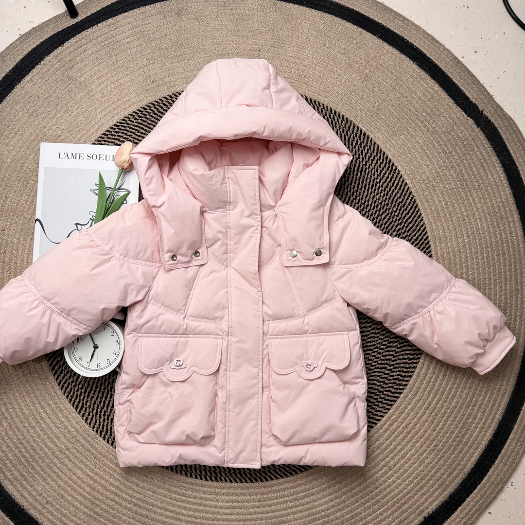 【童装-羽绒服】女童冬季洋气休闲粉色宽松连帽保暖纯色羽绒服