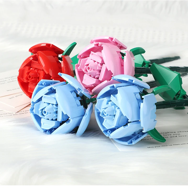 永生三色花玫瑰玫瑰花益智玩具趣味拼装积木花儿童节日浪漫的礼物