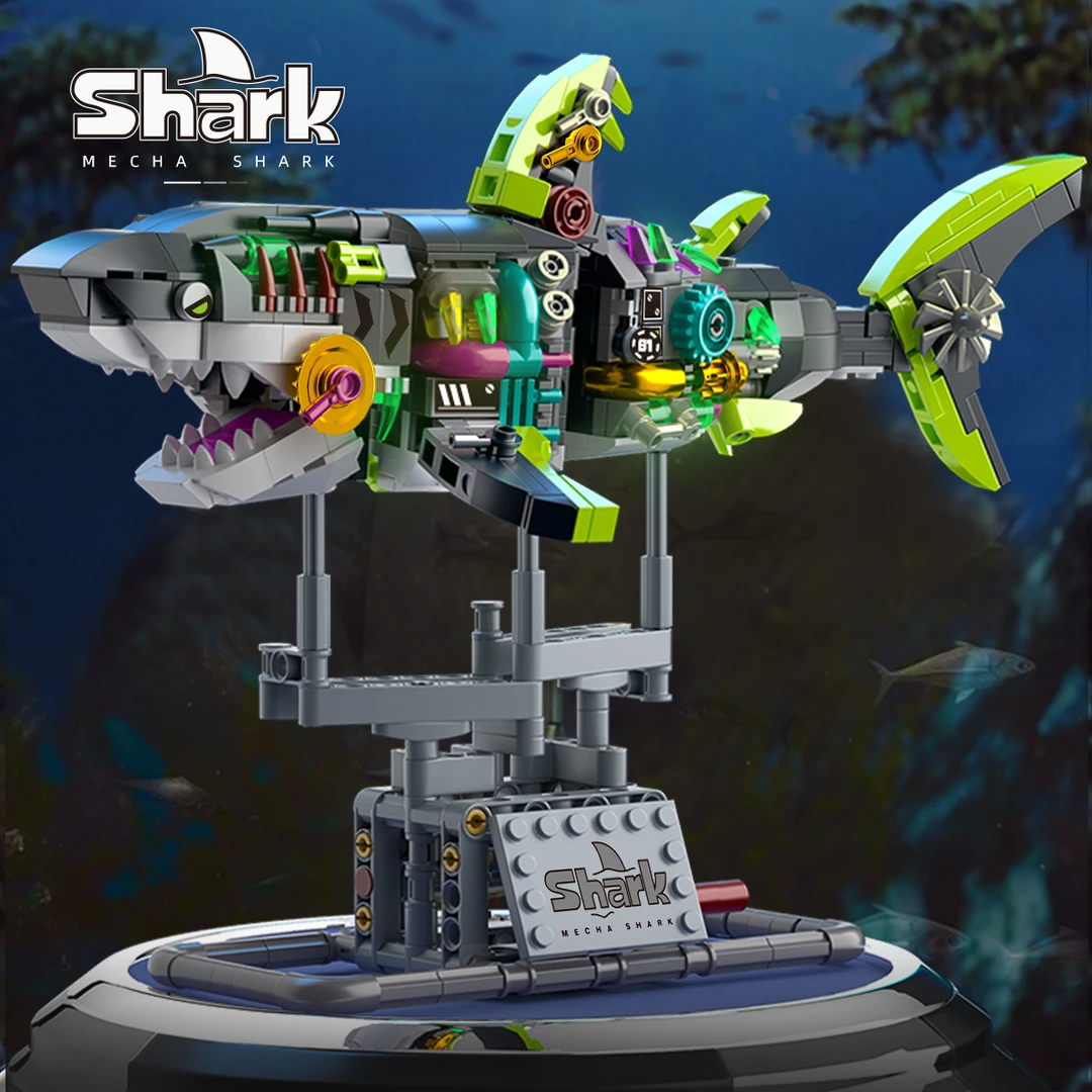 【星涯优品】赛博朋克机械鲨鱼积木模型玩具