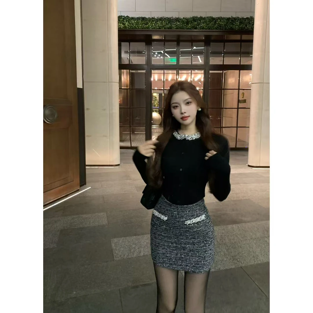 SZA【冰岛极夜】冬季新款高级感小香风镶钻圆领长袖打底上衣A-1406