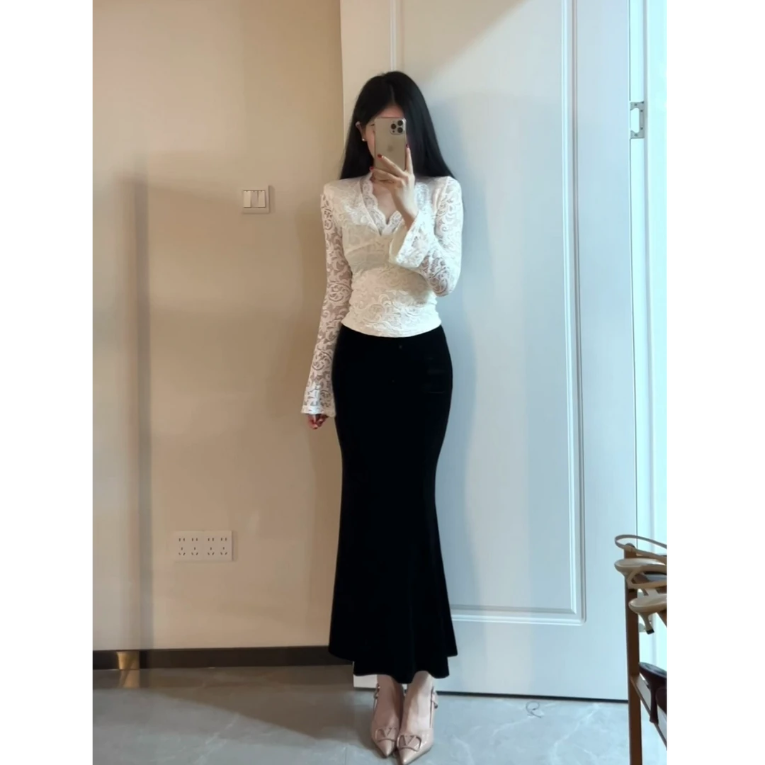 【寻梦山茶】纯欲蕾丝修身V领百搭千金贵气轻熟风喇叭袖上衣XY-026