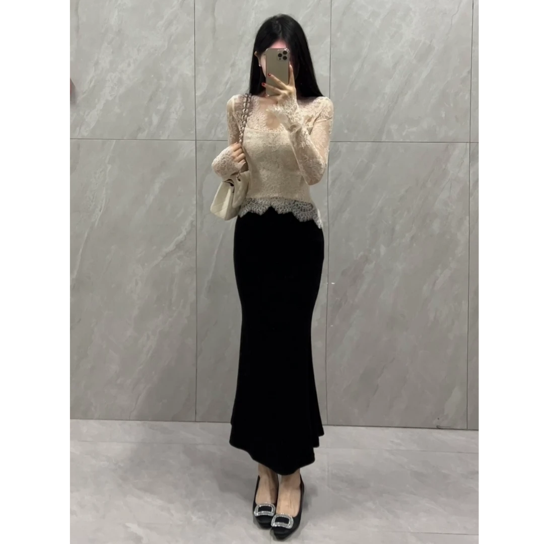 【白塔玫瑰】新款气质百搭修身V领轻奢打底蕾丝显瘦长袖上衣XY-031