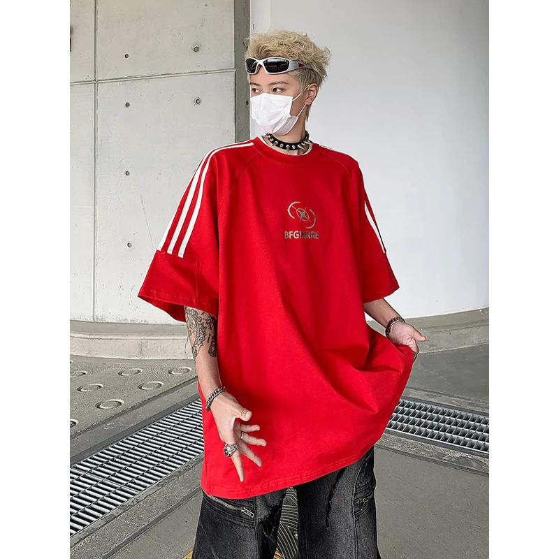 酒红色竖条纹t恤男夏季欧美hiphop高街短袖潮牌设计感小众半截袖