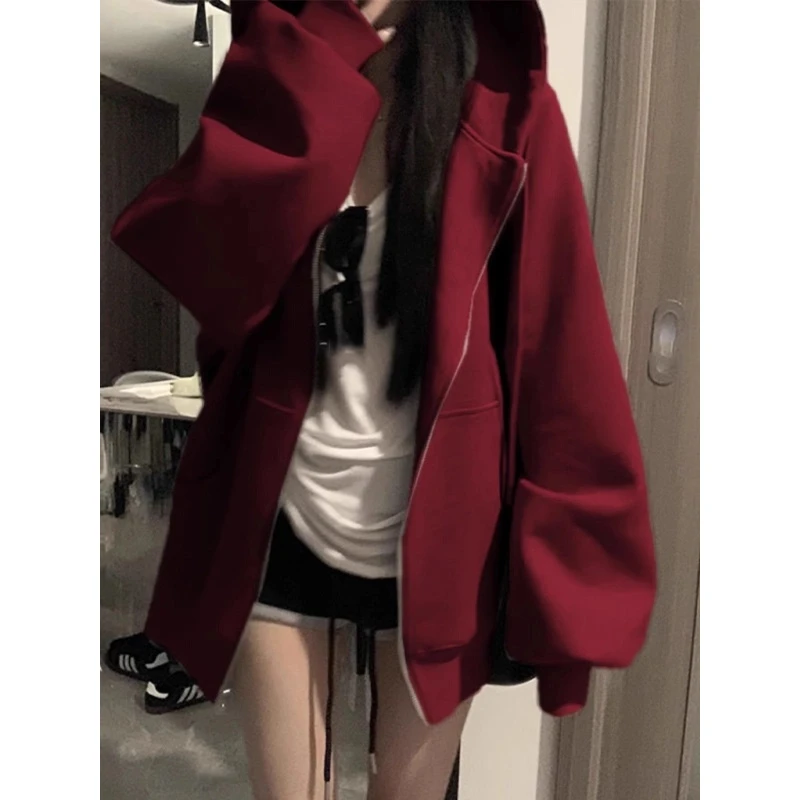 酒红色连帽卫衣外套男生秋冬季宽松休闲百搭慵懒外套开衫拉链上衣