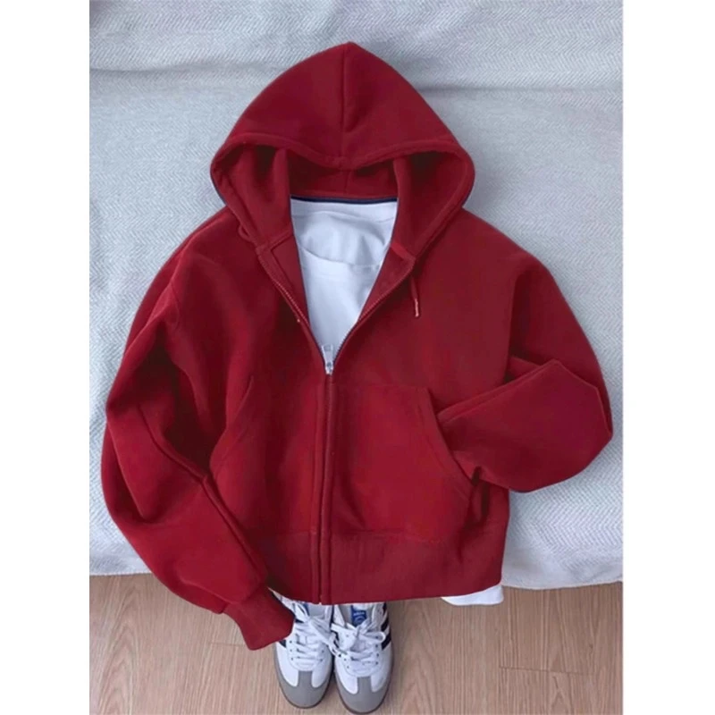 酒红色休闲百搭卫衣男秋冬加绒保暖连帽开衫上衣美式潮牌简约外套