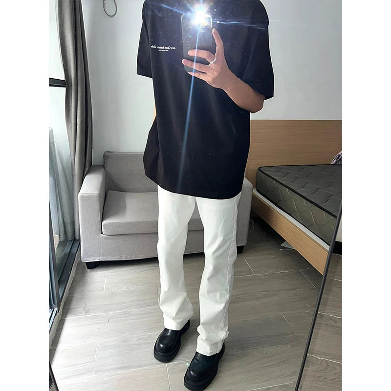 白色弹力牛仔裤男高级感百搭休闲hiphop微喇裤子vibe水洗直筒长裤