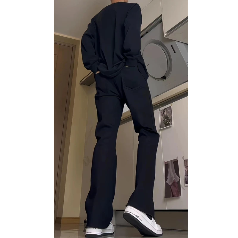 黑色弹力牛仔裤男秋冬季加绒加厚高街显瘦微喇休闲裤直筒窄版裤子