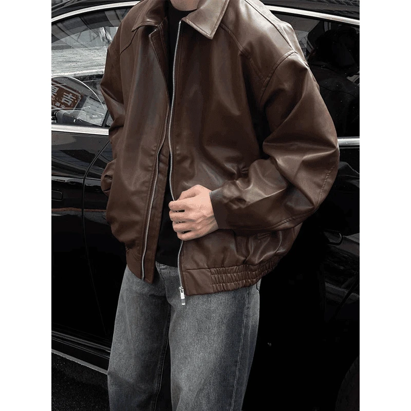 美式复古棕色皮衣外套男款秋季炸街痞帅机车服青少年潮流帅气夹克