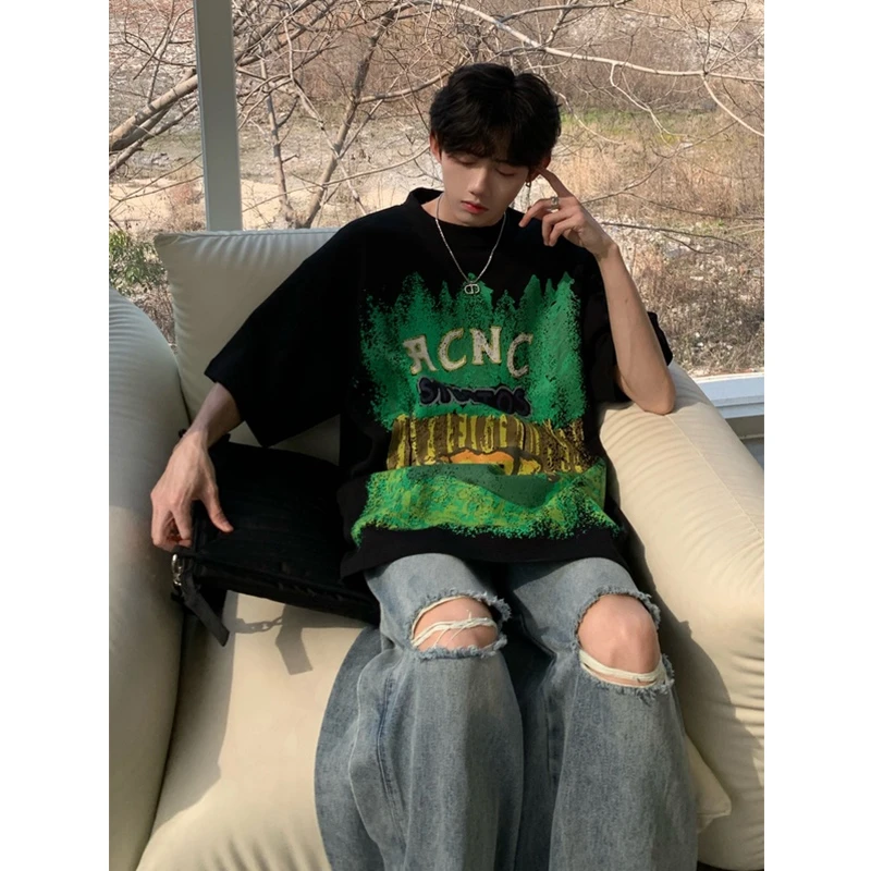 美式街头嘻哈t恤男士夏季痞帅设计感小众短袖潮牌高街ins欧美半袖