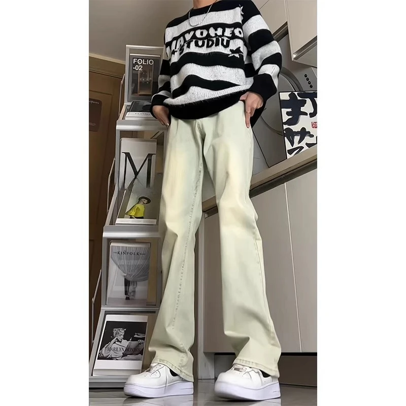 黄泥色微喇牛仔裤男款秋季潮牌vibe高街弹力修身水洗cleanfit裤子