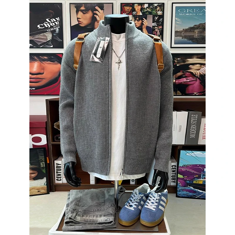 cleanfit灰色立领开衫毛衣男秋冬季美式潮牌高级感拉链针织衫外套