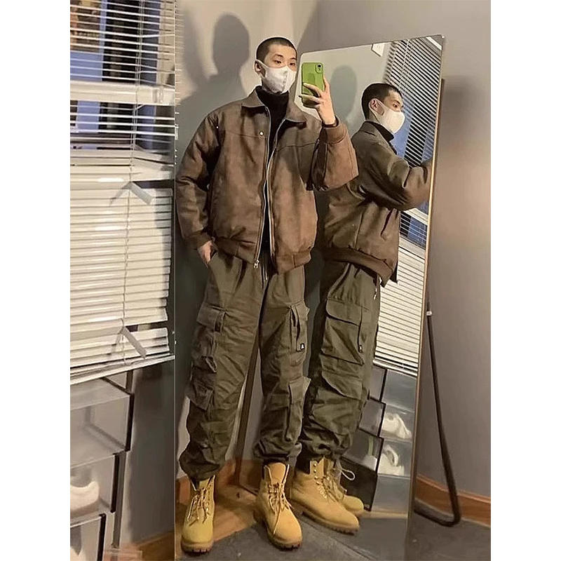 美式军绿色工装裤男春秋vibe高街机能裤子配马丁靴户外登山束脚裤