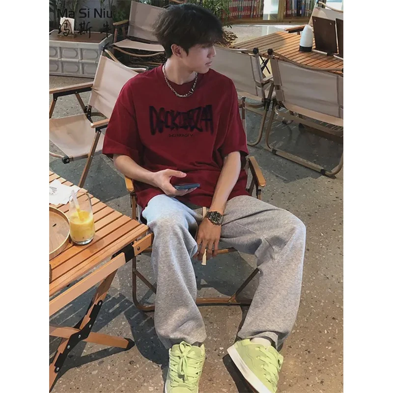 美式潮牌重磅短袖男款夏季潮牌纯棉小领口t恤字母印花酒红色半袖