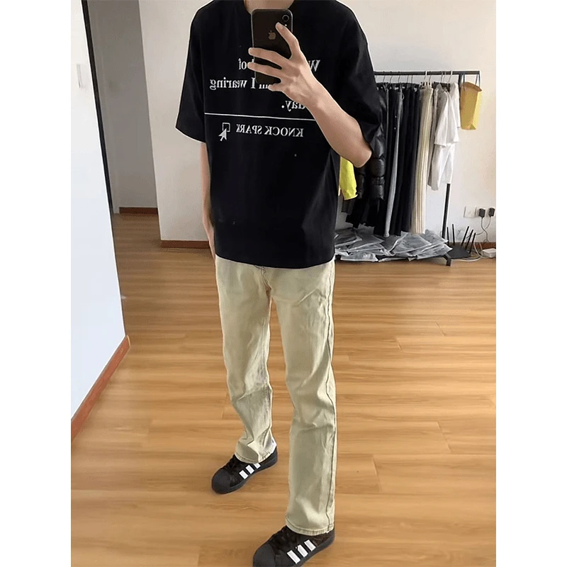 黄泥色微喇牛仔裤男春季cleanfit高街直筒裤裤弹力修身显瘦长裤子