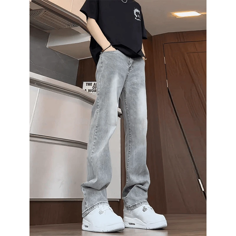 烟灰色微喇牛仔裤男秋冬季cleanfit加绒加厚弹力长裤子高街直筒裤