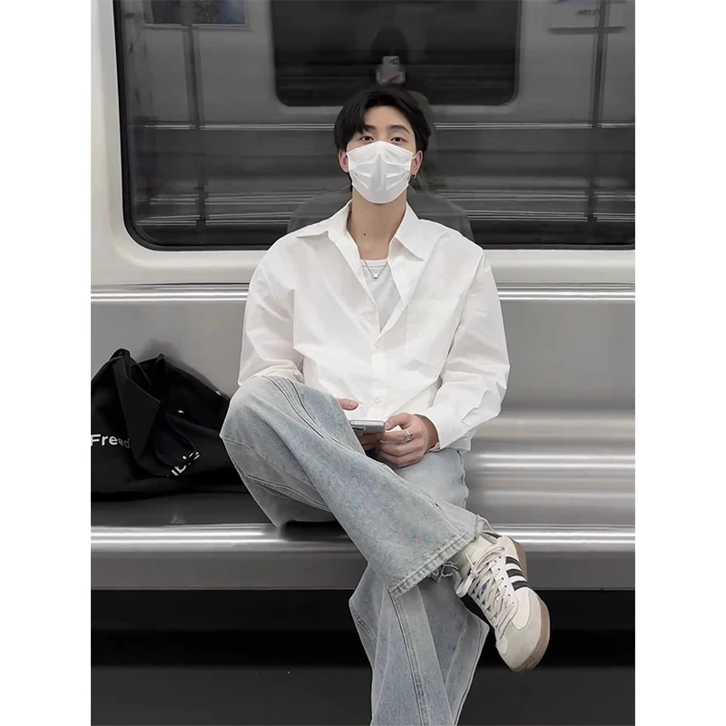 cleanfit白色衬衫男春秋美式高级感痞帅衬衣潮牌痞帅翻领长袖外套