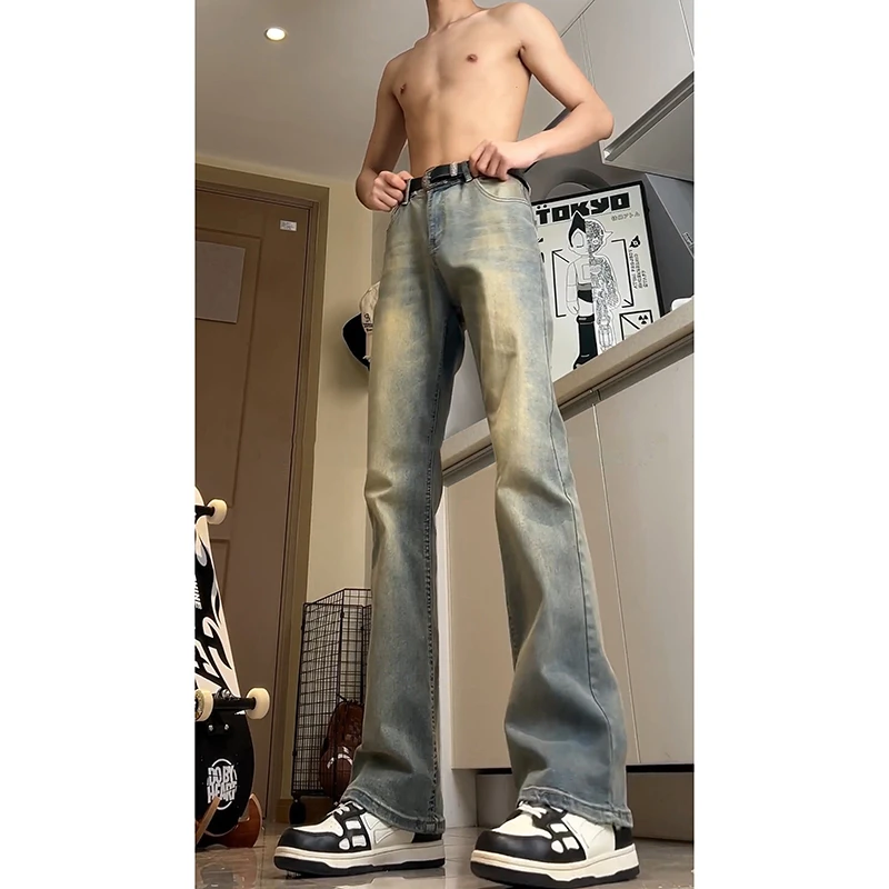 复古蓝水洗做旧牛仔裤男cleanfit窄版裤美式vibe高街弹力微喇裤子