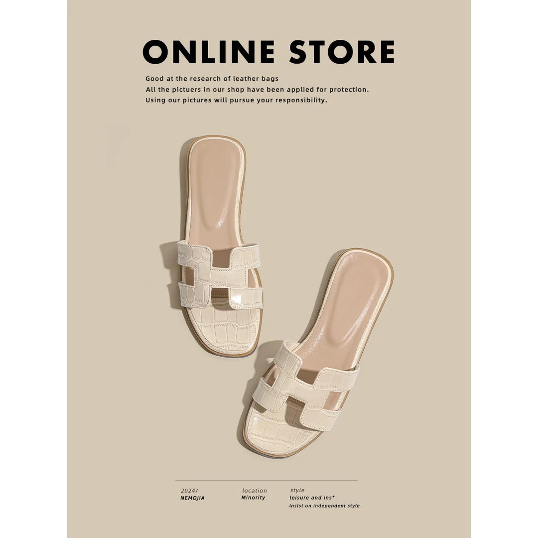 香港2025全羊皮！方头H型凉拖鞋夏外穿2025年新款ins潮沙滩平底显