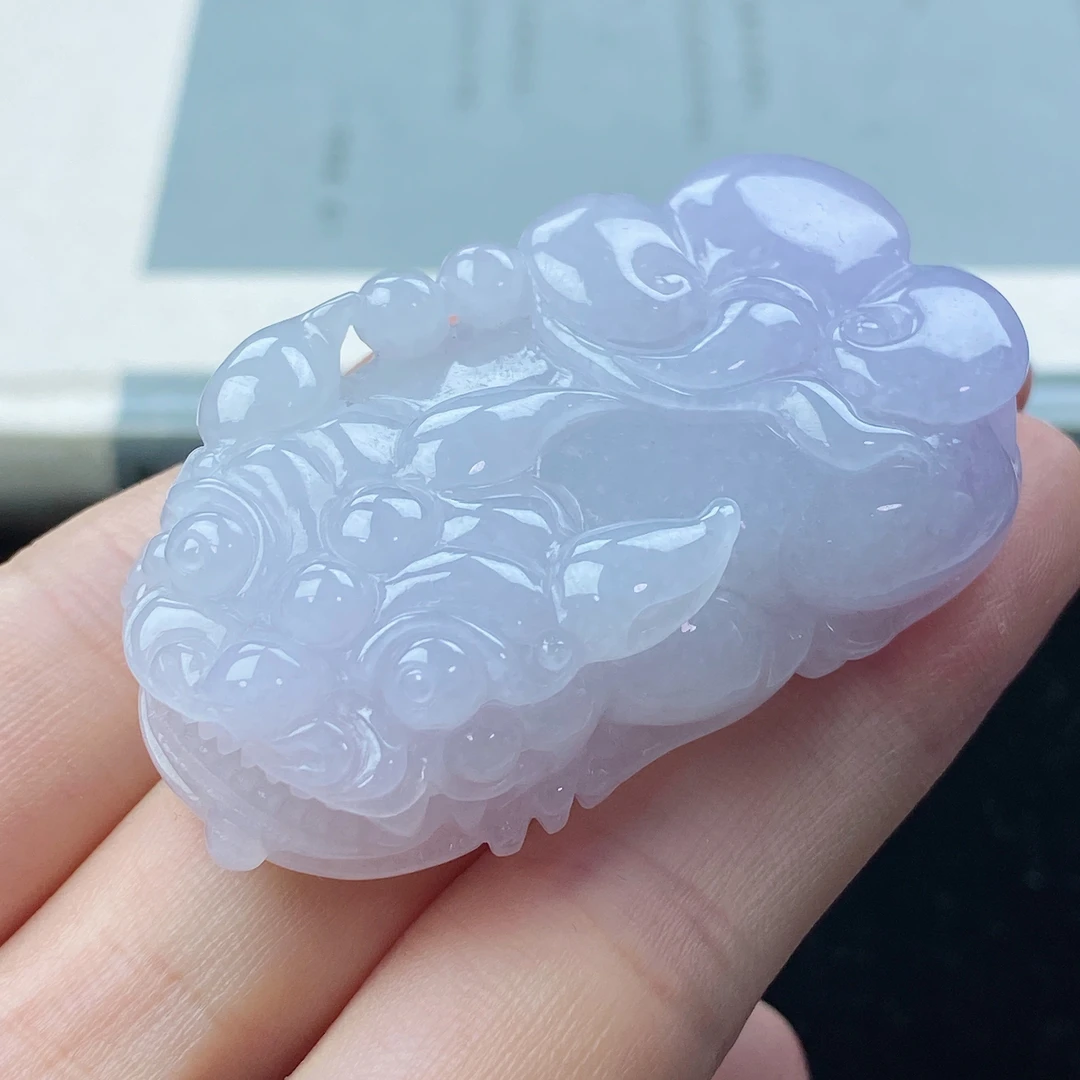 天然缅甸a货翡翠紫色如意貔貅吊坠