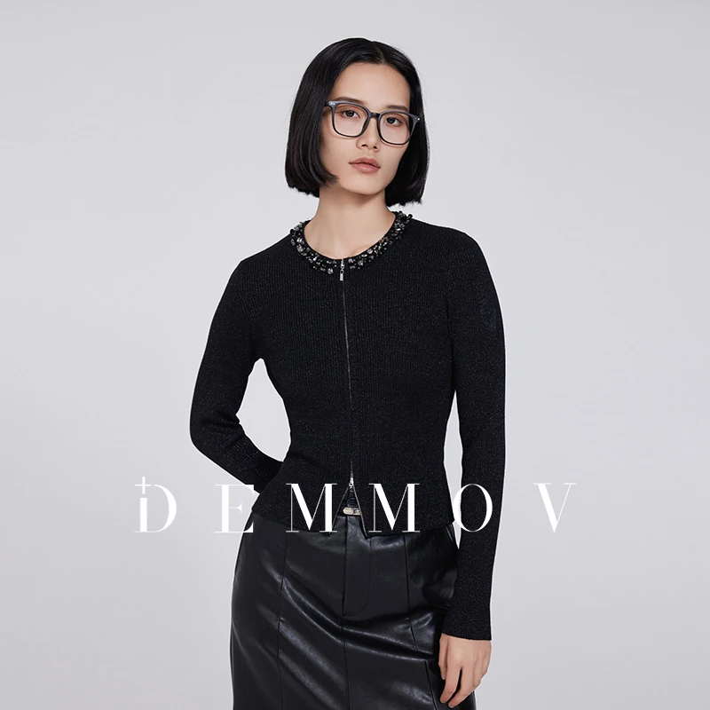 【许研推荐】黑色针织开衫秋季手工钉珠绵羊毛衫修身显瘦上衣