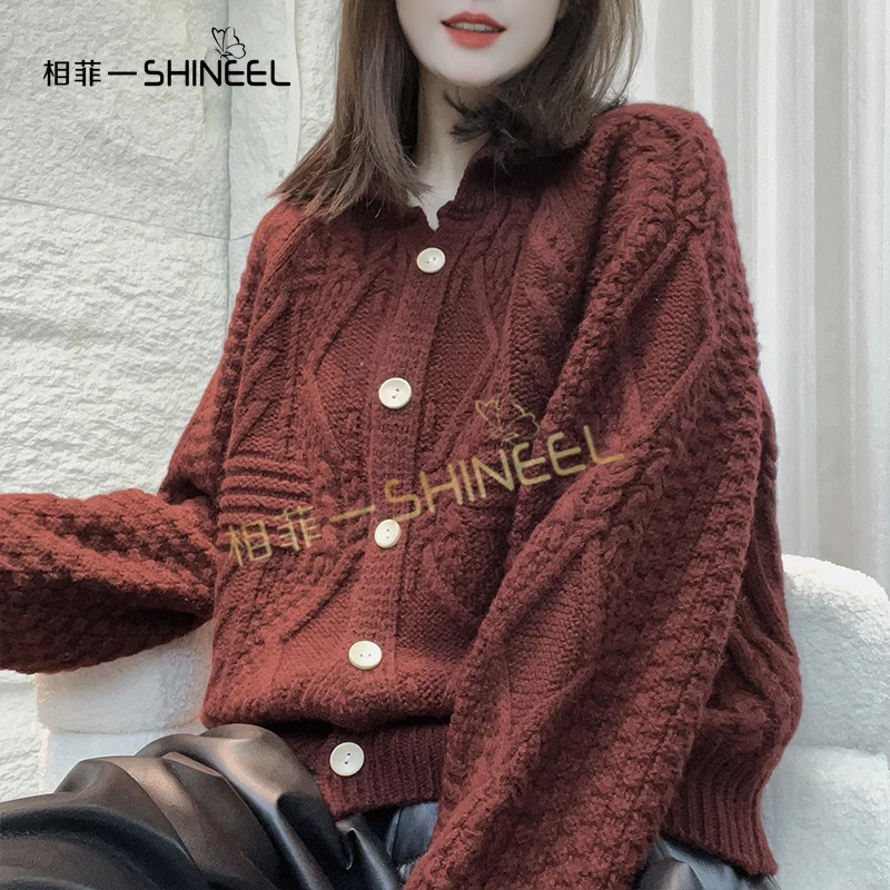 相菲一精品100%百搭宽松秋冬慵懒风时尚韩版设计感针织全羊毛外套