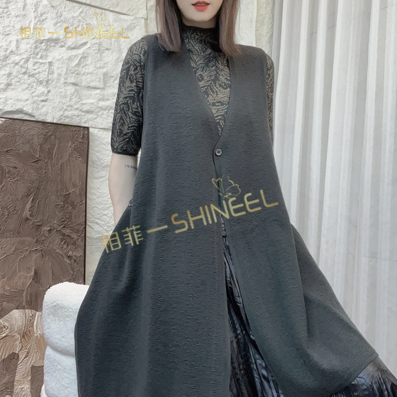 相菲一精品秋冬新款羊毛混纺一扣宽松长款时尚宽松纯色女款马甲