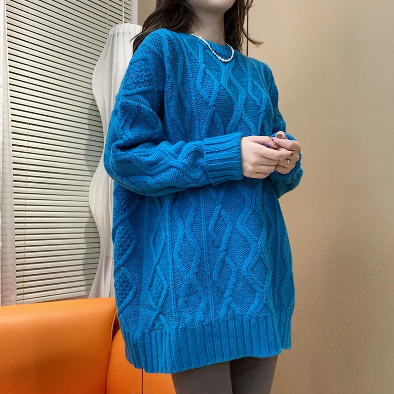 相菲—精品100%全羊毛长款绞花厚款百搭慵懒风加厚宽松时尚羊毛衫