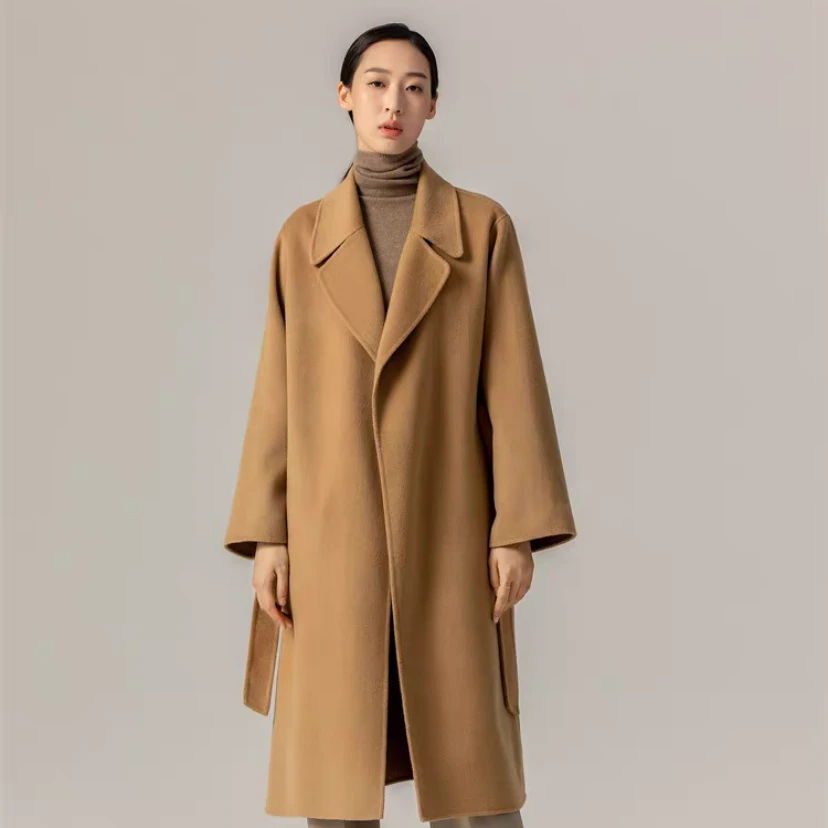DR2506-100%纯山羊绒女士新款大翻领轮廓型宽松版长款显瘦系带