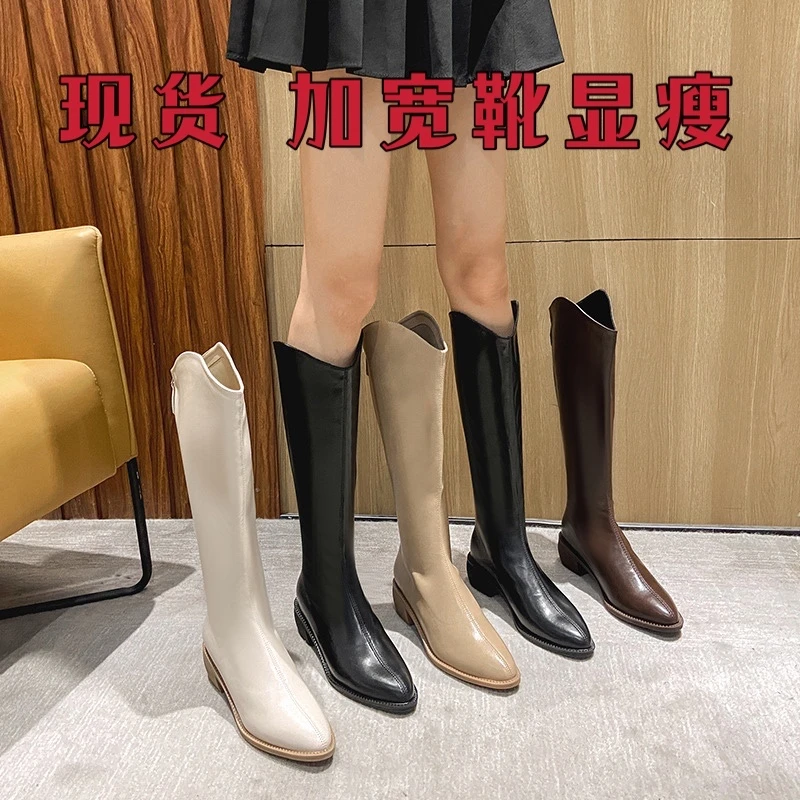 保罗卓凡蒂[工厂直销]现货加宽长靴瘦瘦尖头靴西部靴女粗跟百搭尖