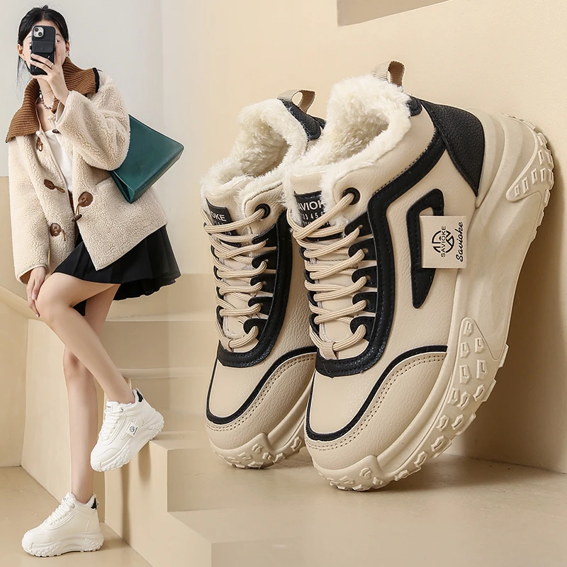 女韩版加绒运动高帮加厚绒2023冬款时尚休闲女鞋百搭潮流厚底鞋