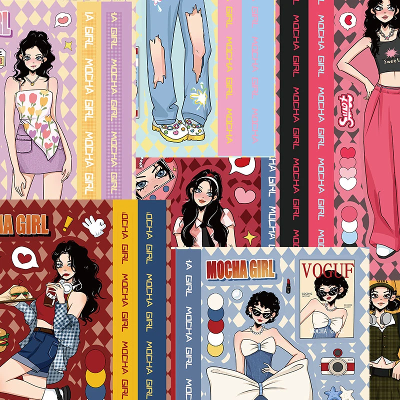 8张原创摩卡少女时尚穿搭人物咕卡贴纸爆款少女心手机壳装饰贴画