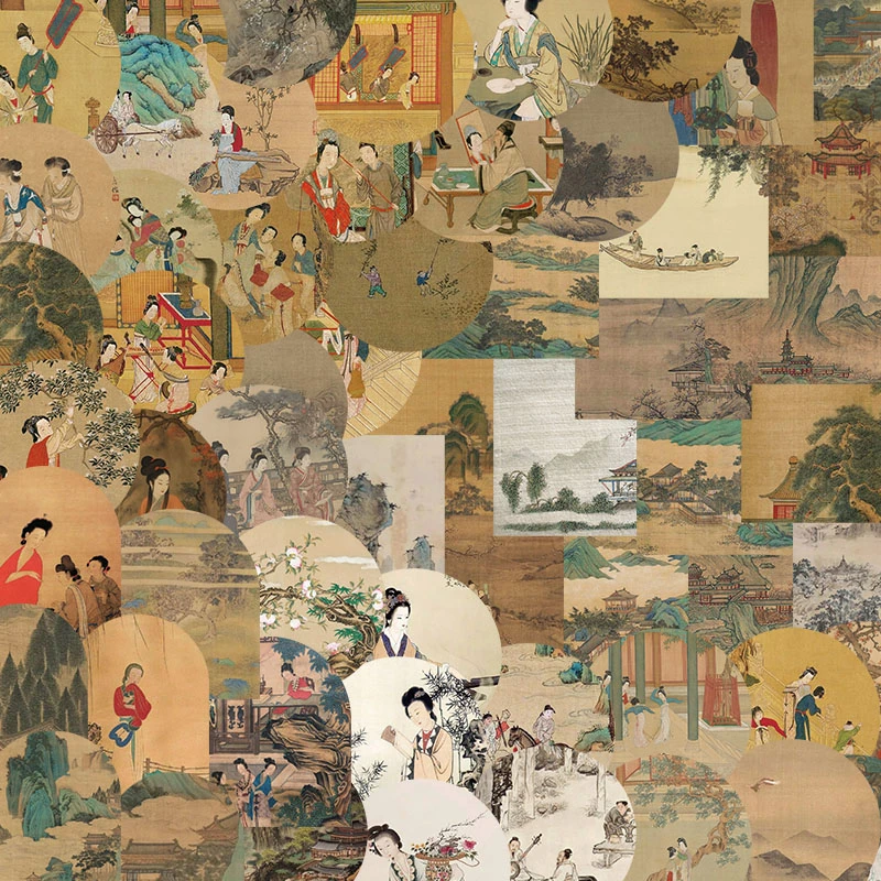 61张古代古风艺术风景美人画贴纸笔记本房间墙画窗花防水贴画
