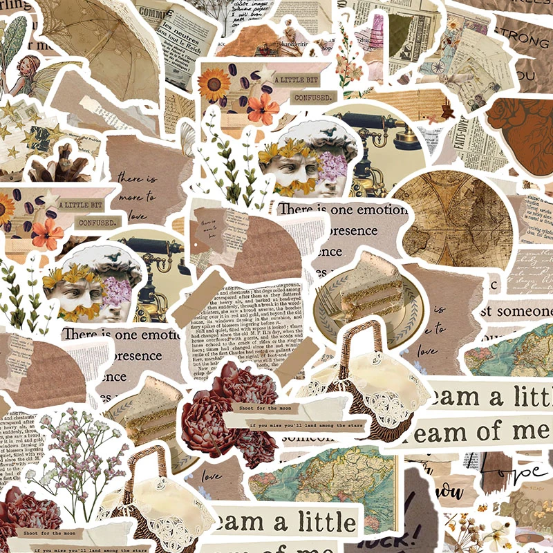 52张灰色复古物件涂鸦贴画行李箱窗花吉他滑板装饰手账防水贴纸