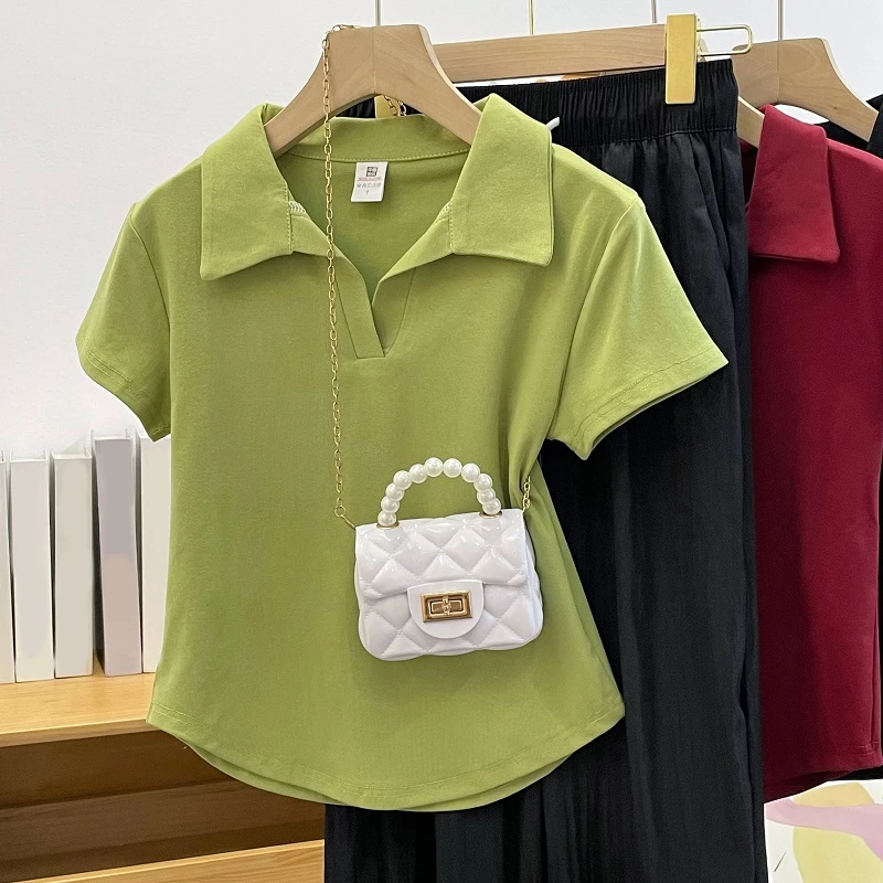 HONG JIA LIN/虹嘉琳Polo领大码短袖t恤夏季微胖mm遮肉显瘦体恤衫