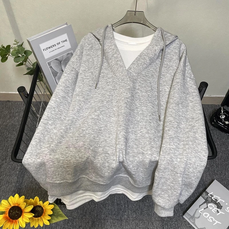 HONG JIA LIN/虹嘉琳假两件抽绳连帽卫衣女春秋宽松大码长袖薄款