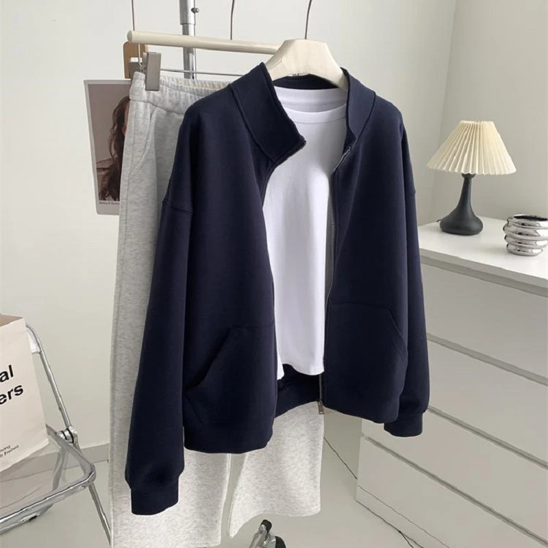 HONG JIA LIN/虹嘉琳藏青色显白减龄大码立领空气层拉链卫衣外套