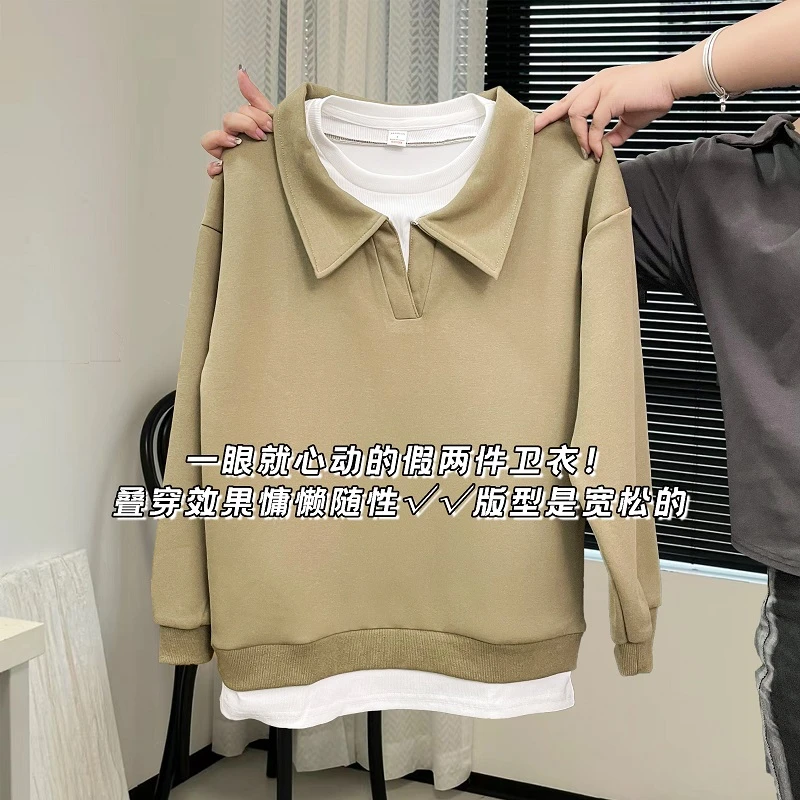 HONG JIA LIN/虹嘉琳春秋新款polo领慵懒宽松大码假两件套头卫衣