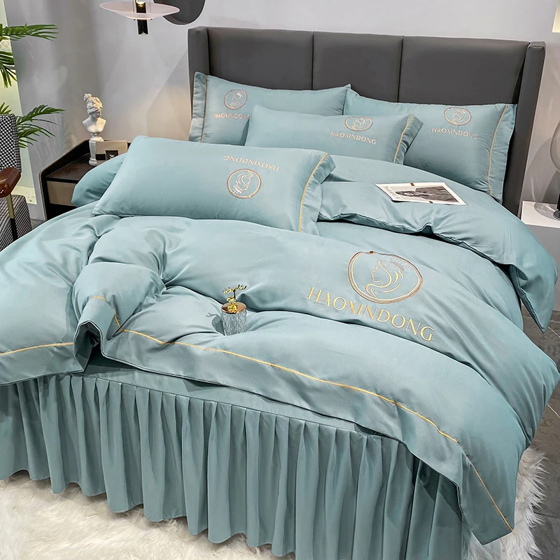 水星新家纺轻奢床裙款四件套简约风刺绣磨毛水洗棉网红高档加厚床