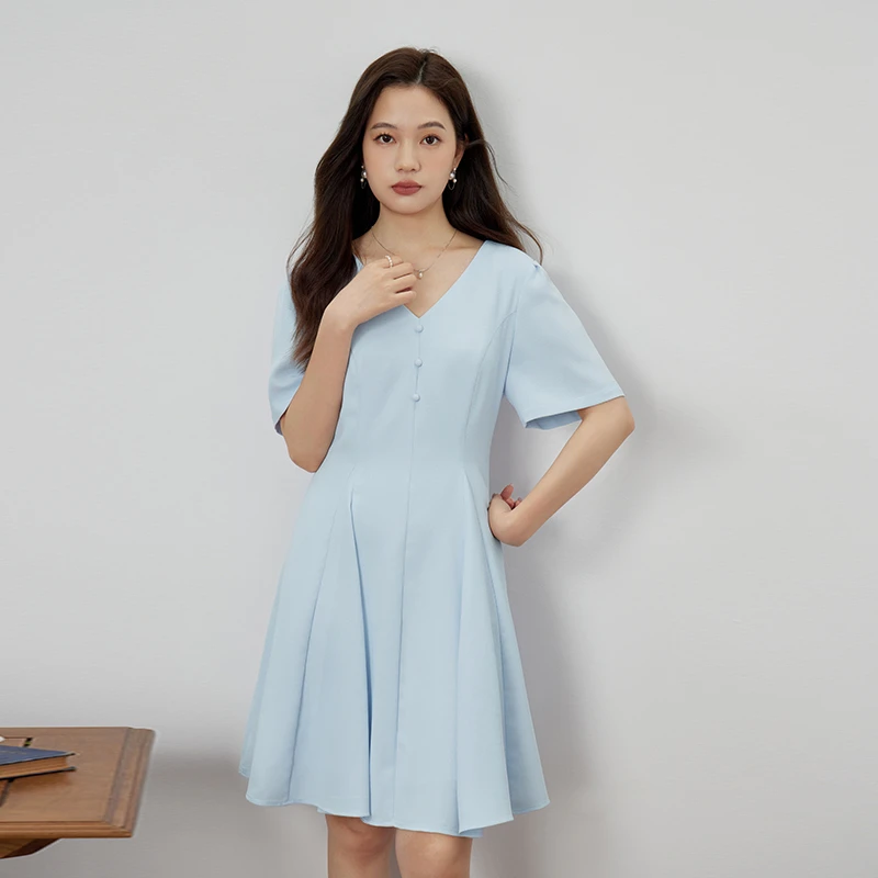 独束微胖MM大码女装V领收腰简约时尚连衣裙温柔气质裙子23DS82173