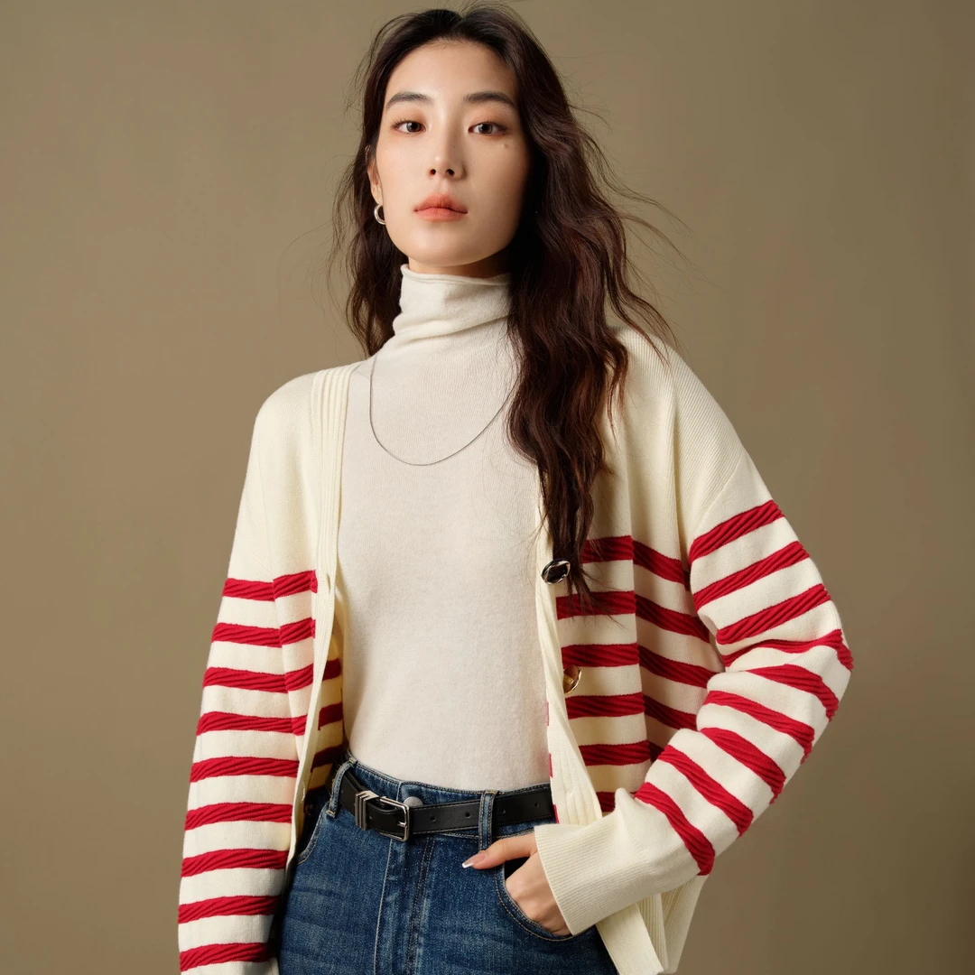 独束微胖大码女装简约撞色条纹针织V领显瘦休闲开衫外套24DS84110