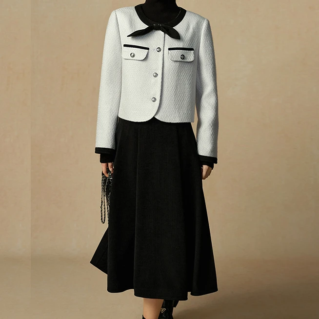 独束微胖大码女装简约撞色小香风套装通勤外套半身裙24DS84493