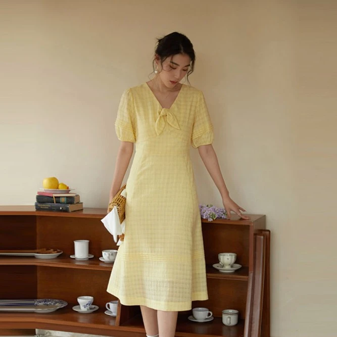 独束微胖MM大码女装甜美温柔v领茶歇泡泡袖连衣裙显瘦裙23DY82098