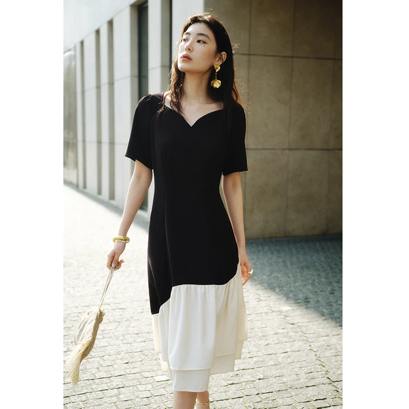 独束M大码女装【黑标系列】精致派对法式风鱼尾短袖连衣裙24DS82338