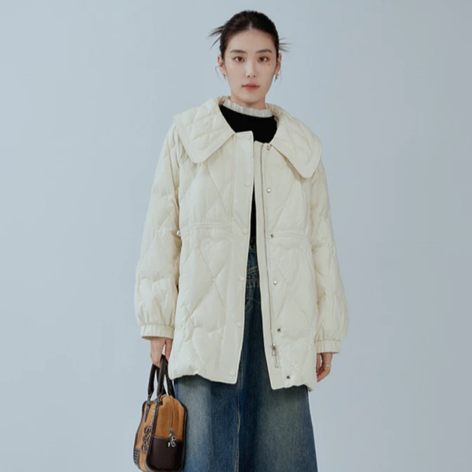 独束微胖MM大码女装甜美大翻领系带收腰羽绒服保暖外套23DS84011