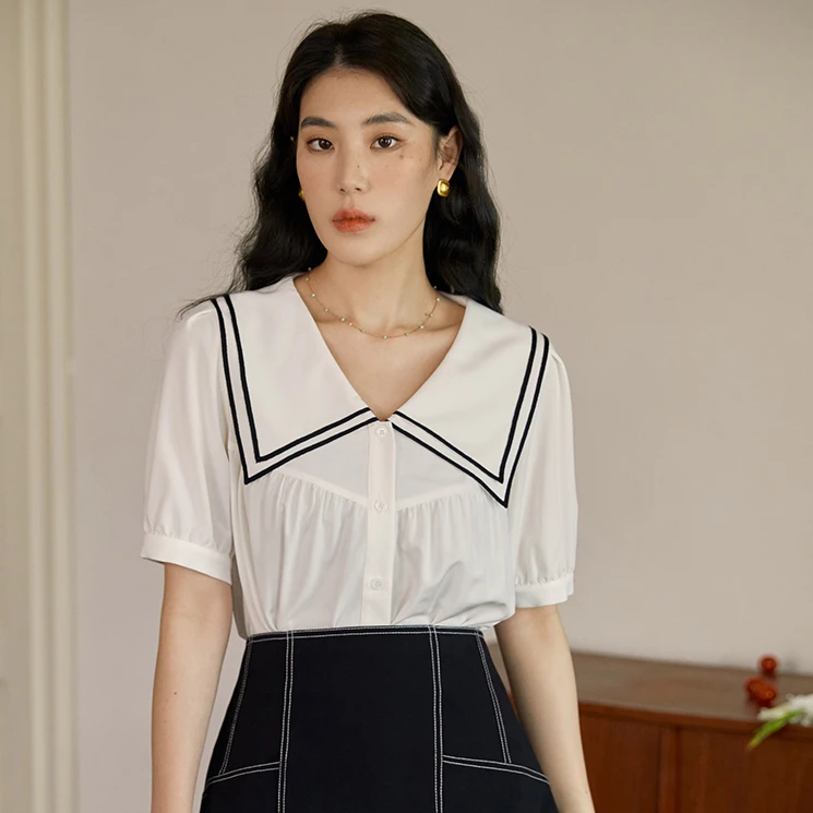 独束微胖M大码女装法式清新优雅撞色衬衫显瘦衬衣衬衫23DY82033