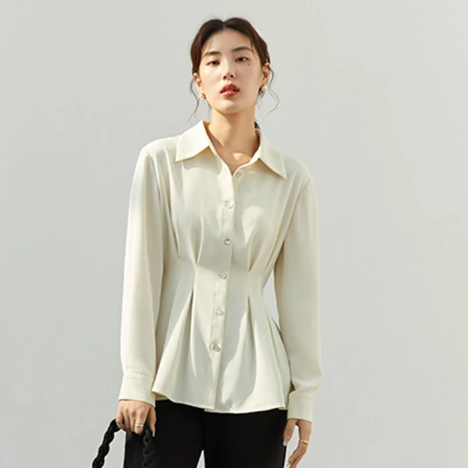 独束微胖大码女装设计感百褶收腰衬衫女显瘦收腰带衬衣22DY3224