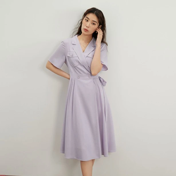 独束微胖MM大码女装简约西装领通勤连衣裙文艺显瘦裙子23DS82557