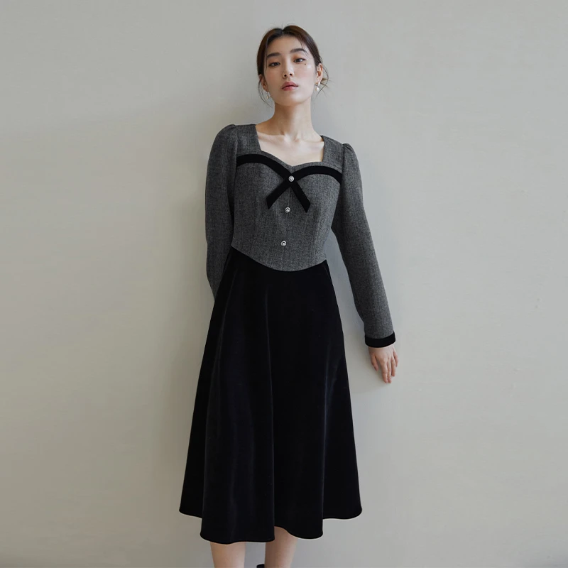 独束大码女装法式撞色连衣裙复古方领中长裙子23DS84433/84610