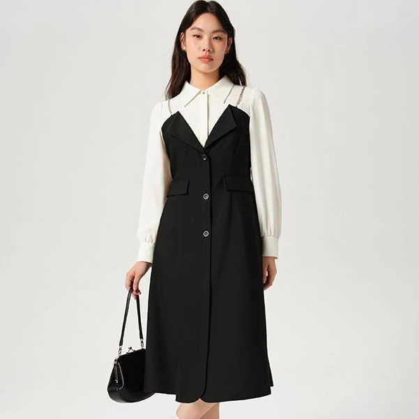 独束微胖M大码女装链条装饰假两件连衣裙气质通勤中长裙24DS83358