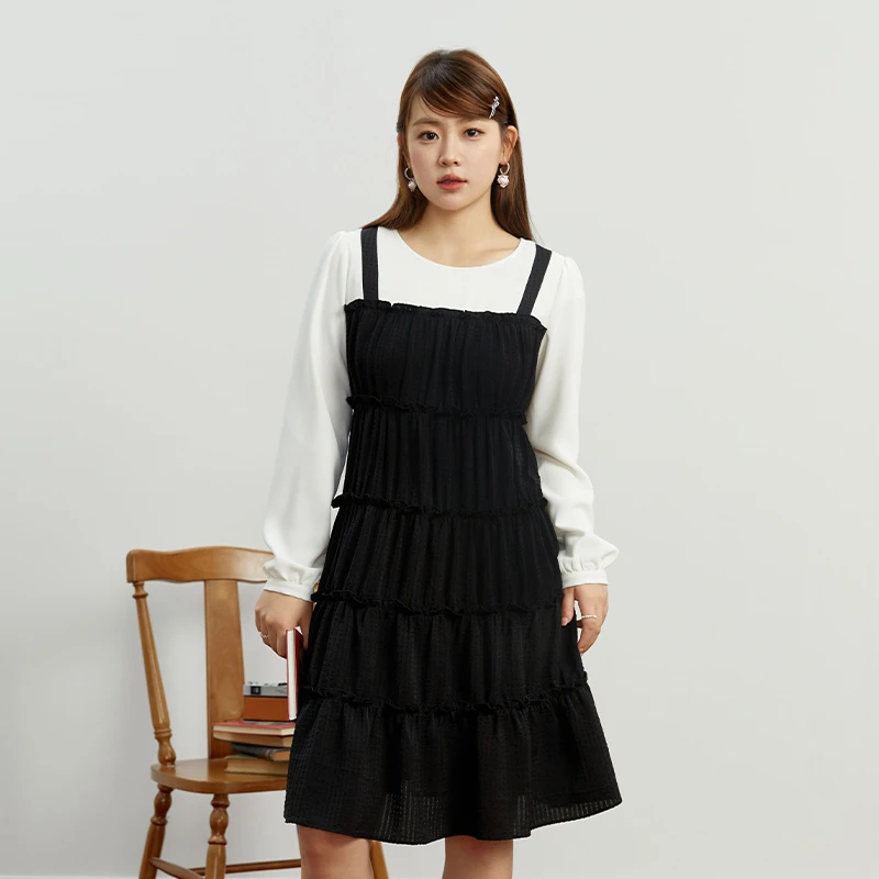 独束微胖MM大码女装假两件吊带蛋糕裙简约显瘦撞色裙子23DS83317